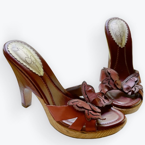 Jessica Simpson Red Leather Butterfly Sandal Wooden Platform Heels ~ 8B/38 - Picture 4 of 17